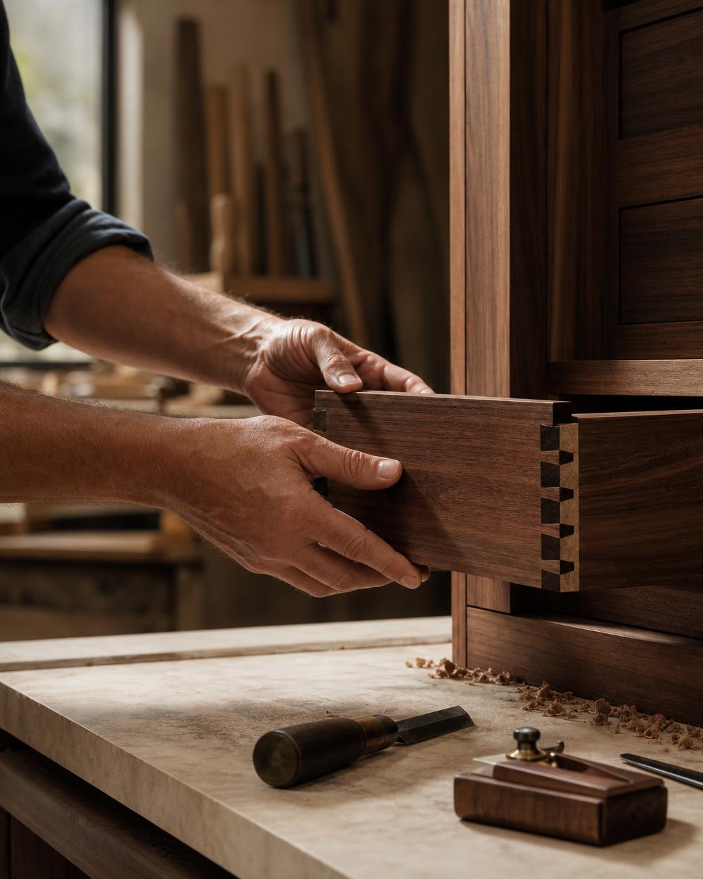 Master craftsman fitting a hand-finished walnut dovetail joint in a luxury residence